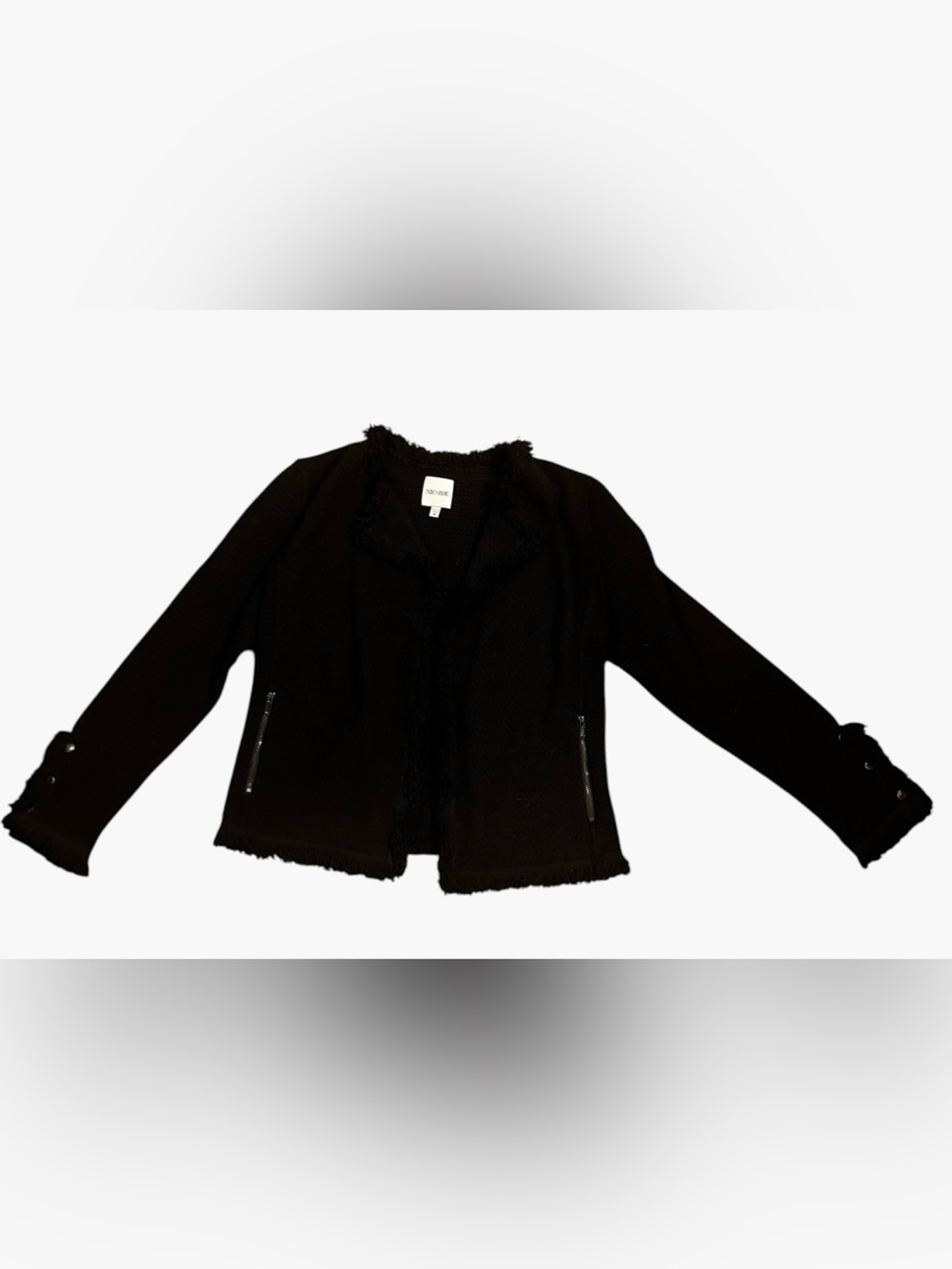 NIC+ZOE Black Fringe Trim Snap Cuff Jacket Sz M